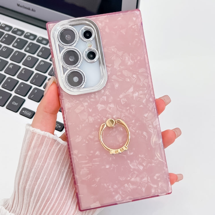 For Samsung Galaxy S25 Ultra 5G Plating Glitter Texture Ring Holder TPU Phone Case with Lens Film(Pink Shell Pattern) by buy2fix