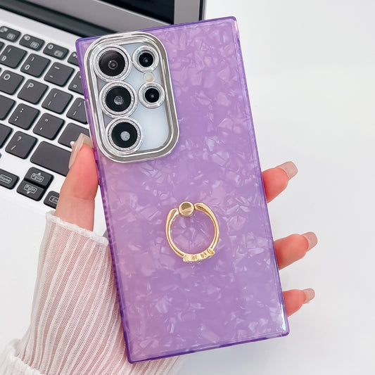 For Samsung Galaxy S25 Ultra 5G Plating Glitter Texture Ring Holder TPU Phone Case with Lens Film(Purple Shell Pattern) by buy2fix