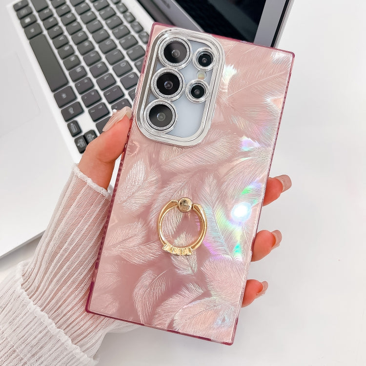 For Samsung Galaxy S25 Ultra 5G Plating Glitter Texture Ring Holder TPU Phone Case with Lens Film(Pink Feathers) by buy2fix