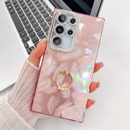 For Samsung Galaxy S25 Ultra 5G Plating Glitter Texture Ring Holder TPU Phone Case with Lens Film(Pink Feathers) by buy2fix