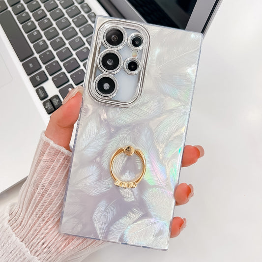 For Samsung Galaxy S25 Ultra 5G Plating Glitter Texture Ring Holder TPU Phone Case with Lens Film(White Feathers) by buy2fix