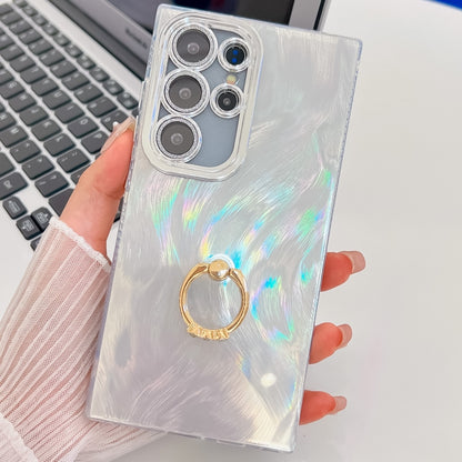 For Samsung Galaxy S25 Ultra 5G Plating Glitter Texture Ring Holder TPU Phone Case with Lens Film(White Feather Yarn) by buy2fix