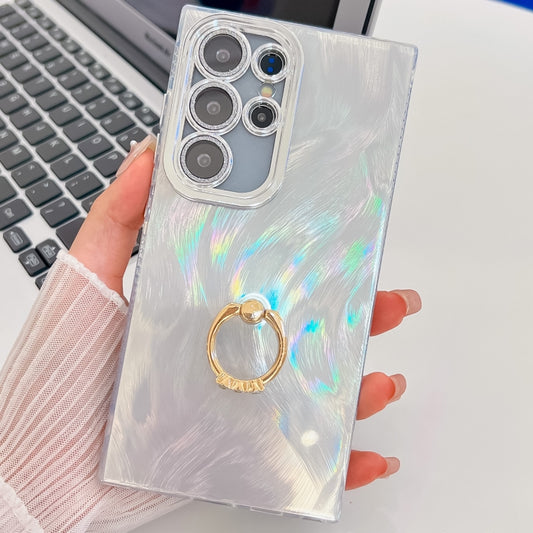 For Samsung Galaxy S25 Ultra 5G Plating Glitter Texture Ring Holder TPU Phone Case with Lens Film(White Feather Yarn) by buy2fix