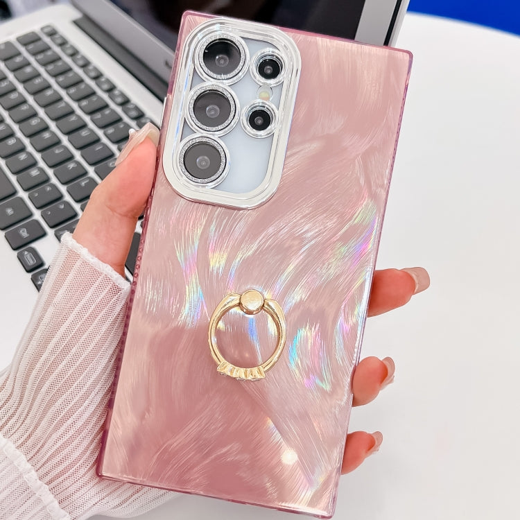 For Samsung Galaxy S25 Ultra 5G Plating Glitter Texture Ring Holder TPU Phone Case with Lens Film(Pink Feather Yarn) by buy2fix