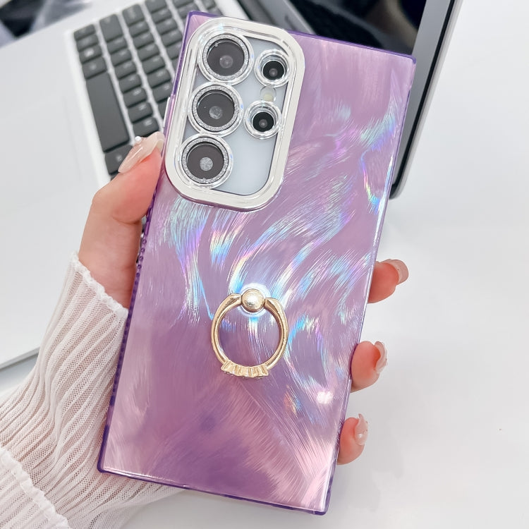 For Samsung Galaxy S25 Ultra 5G Plating Glitter Texture Ring Holder TPU Phone Case with Lens Film(Purple Feather Yarn) by buy2fix