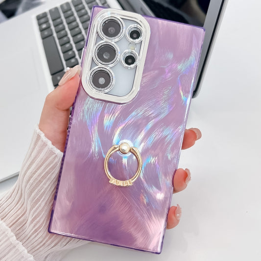 For Samsung Galaxy S25 Ultra 5G Plating Glitter Texture Ring Holder TPU Phone Case with Lens Film(Purple Feather Yarn) by buy2fix