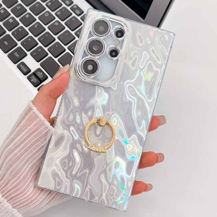 For Samsung Galaxy S25 Ultra 5G Plating Glitter Texture Ring Holder TPU Phone Case with Lens Film(White Wrinkles) by buy2fix