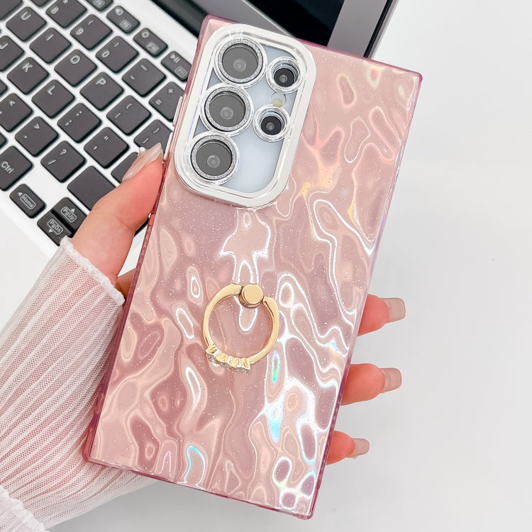 For Samsung Galaxy S25 Ultra 5G Plating Glitter Texture Ring Holder TPU Phone Case with Lens Film(Pink Wrinkles) by buy2fix