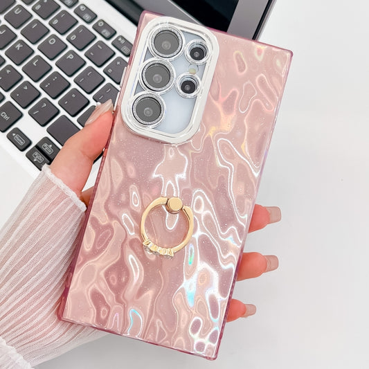 For Samsung Galaxy S25 Ultra 5G Plating Glitter Texture Ring Holder TPU Phone Case with Lens Film(Pink Wrinkles) by buy2fix