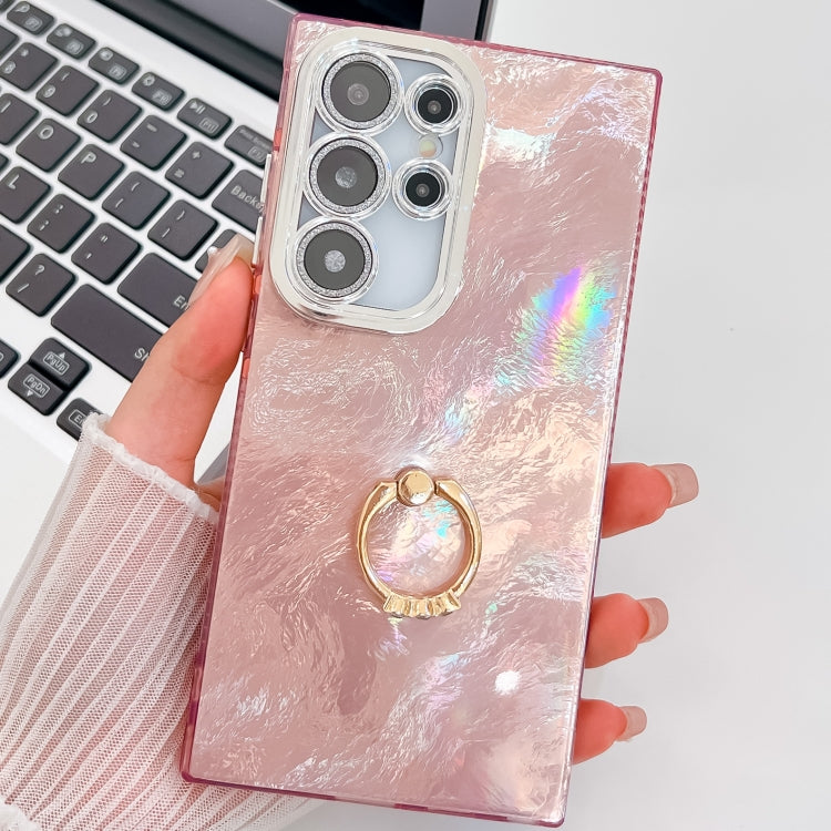 For Samsung Galaxy S25 Ultra 5G Plating Glitter Texture Ring Holder TPU Phone Case with Lens Film(Pink Tinfoil Texture) by buy2fix
