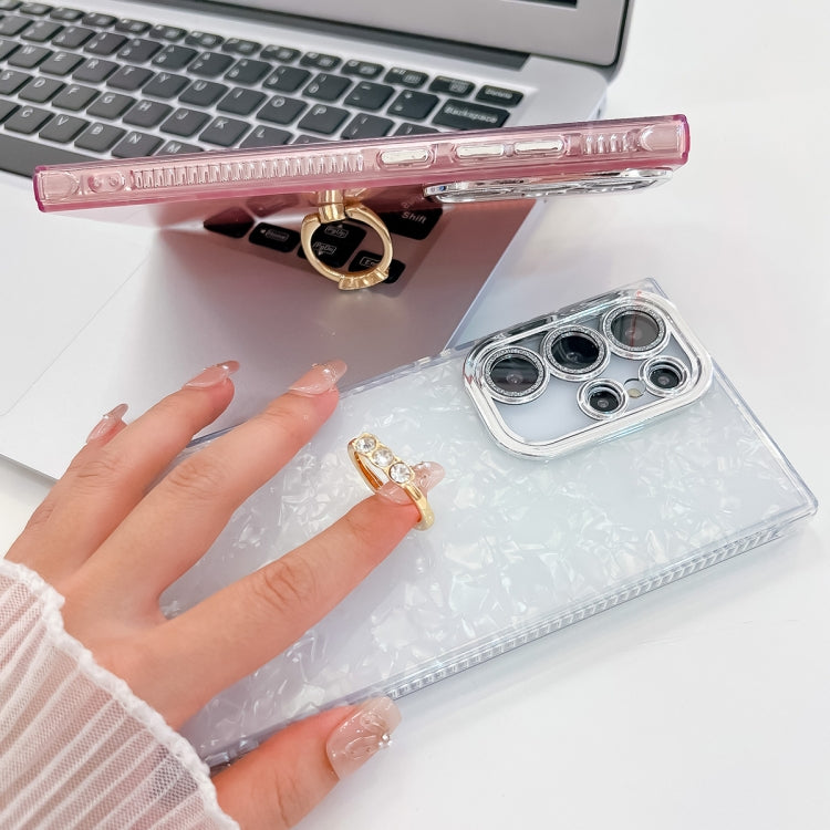 For Samsung Galaxy S25+ 5G Plating Glitter Texture Ring Holder TPU Phone Case with Lens Film(Pink Shell Pattern) - Galaxy S25+ 5G Cases by buy2fix | Online Shopping UK | buy2fix
