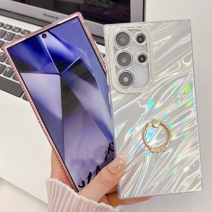 For Samsung Galaxy S25 Ultra 5G Plating Glitter Texture Ring Holder TPU Phone Case with Lens Film(White Wrinkles) by buy2fix