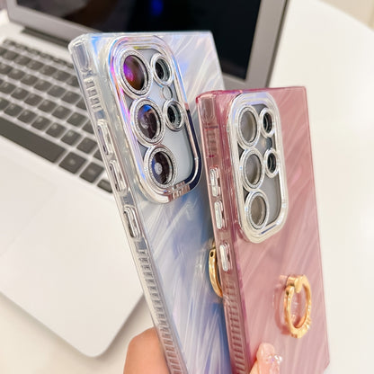 For Samsung Galaxy S25+ 5G Plating Glitter Texture Ring Holder TPU Phone Case with Lens Film(Pink Feathers) by buy2fix