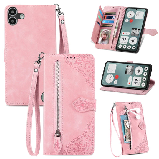 For Nothing CMF Phone 1 Embossed Flower Zipper Leather Phone Case(Pink)