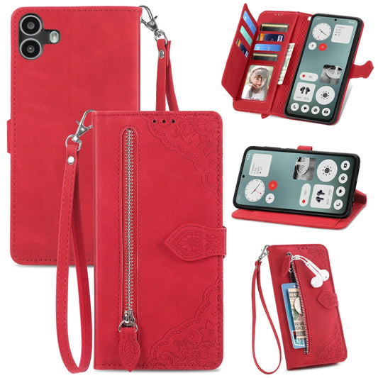 For Nothing CMF Phone 1 Embossed Flower Zipper Leather Phone Case(Red) - Nothing Cases by buy2fix | Online Shopping UK | buy2fix