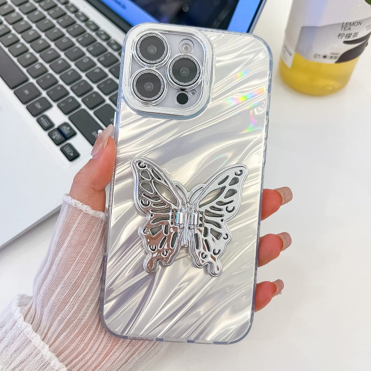 For iPhone 16 Pro Max Plating Glitter Texture Butterfly Holder TPU Phone Case with Lens Film(White Water Ripples) by buy2fix
