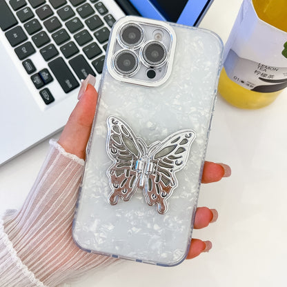 For iPhone 16 Pro Max Plating Glitter Texture Butterfly Holder TPU Phone Case with Lens Film(White Shell Grain) by buy2fix