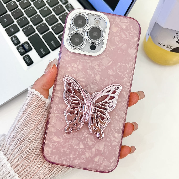 For iPhone 16 Pro Max Plating Glitter Texture Butterfly Holder TPU Phone Case with Lens Film(Pink Shell Pattern) by buy2fix