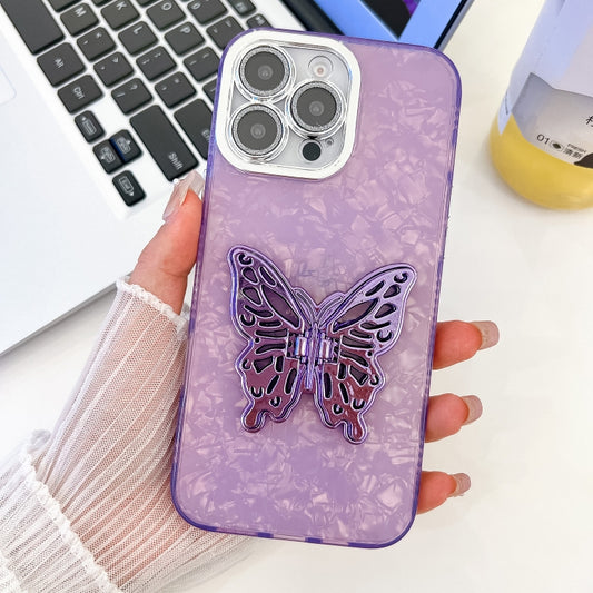 For iPhone 16 Pro Max Plating Glitter Texture Butterfly Holder TPU Phone Case with Lens Film(Purple Shell Pattern) by buy2fix