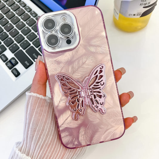 For iPhone 16 Pro Max Plating Glitter Texture Butterfly Holder TPU Phone Case with Lens Film(Pink Feathers) by buy2fix