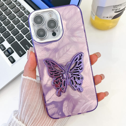 For iPhone 16 Pro Max Plating Glitter Texture Butterfly Holder TPU Phone Case with Lens Film(Purple Feathers) by buy2fix