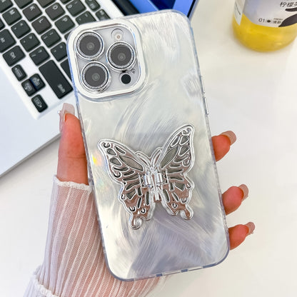 For iPhone 16 Pro Max Plating Glitter Texture Butterfly Holder TPU Phone Case with Lens Film(White Feather Yarn) by buy2fix