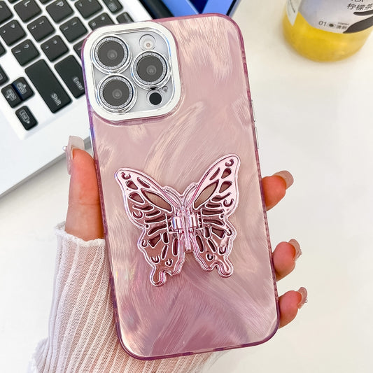 For iPhone 16 Pro Max Plating Glitter Texture Butterfly Holder TPU Phone Case with Lens Film(Pink Feather Yarn) by buy2fix