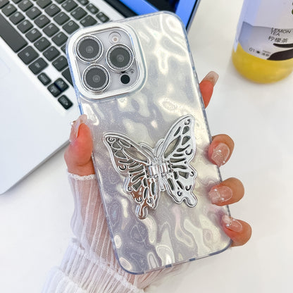 For iPhone 16 Pro Max Plating Glitter Texture Butterfly Holder TPU Phone Case with Lens Film(White Wrinkles) by buy2fix