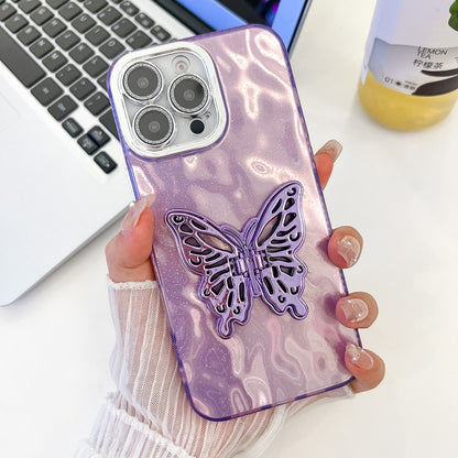 For iPhone 16 Pro Max Plating Glitter Texture Butterfly Holder TPU Phone Case with Lens Film(Purple Wrinkles) by buy2fix