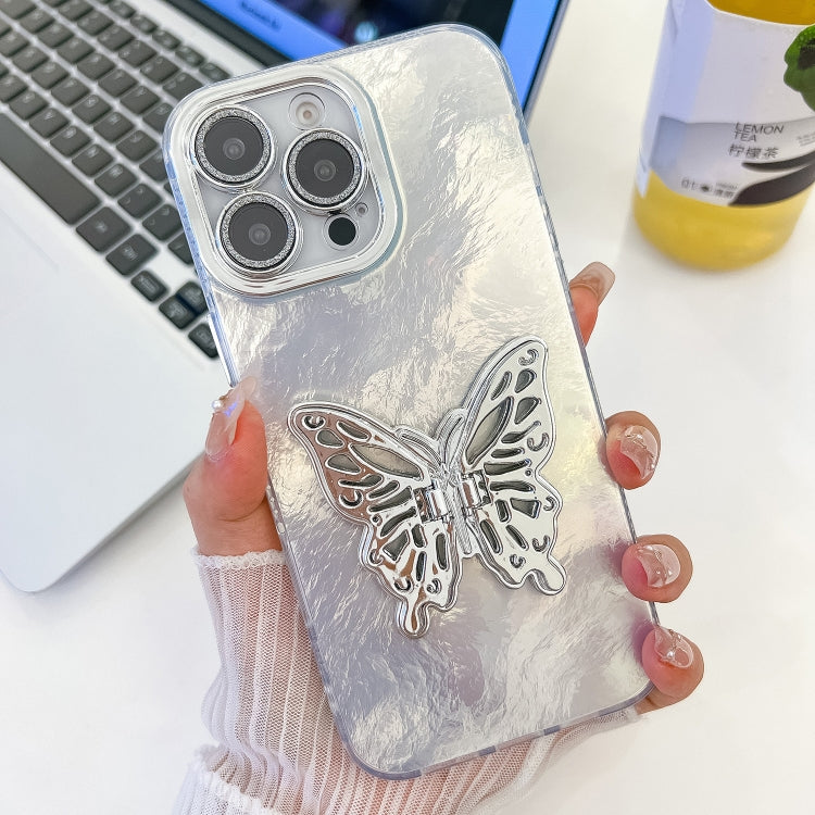 For iPhone 16 Pro Max Plating Glitter Texture Butterfly Holder TPU Phone Case with Lens Film(White Tinfoil Texture) by buy2fix