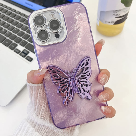 For iPhone 16 Pro Max Plating Glitter Texture Butterfly Holder TPU Phone Case with Lens Film(Purple Tinfoil Texture) by buy2fix