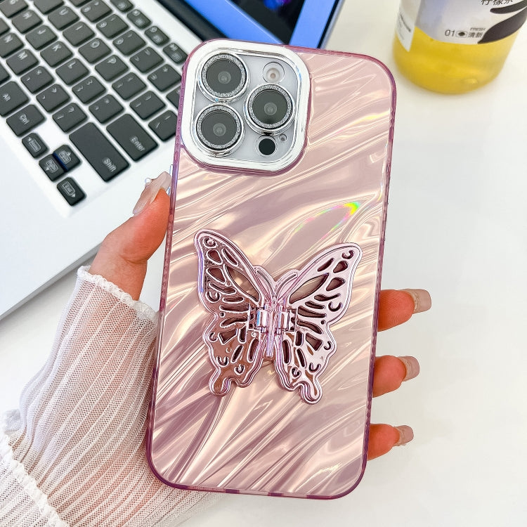For iPhone 16 Pro Plating Glitter Texture Butterfly Holder TPU Phone Case with Lens Film(Pink Water Ripples) by buy2fix