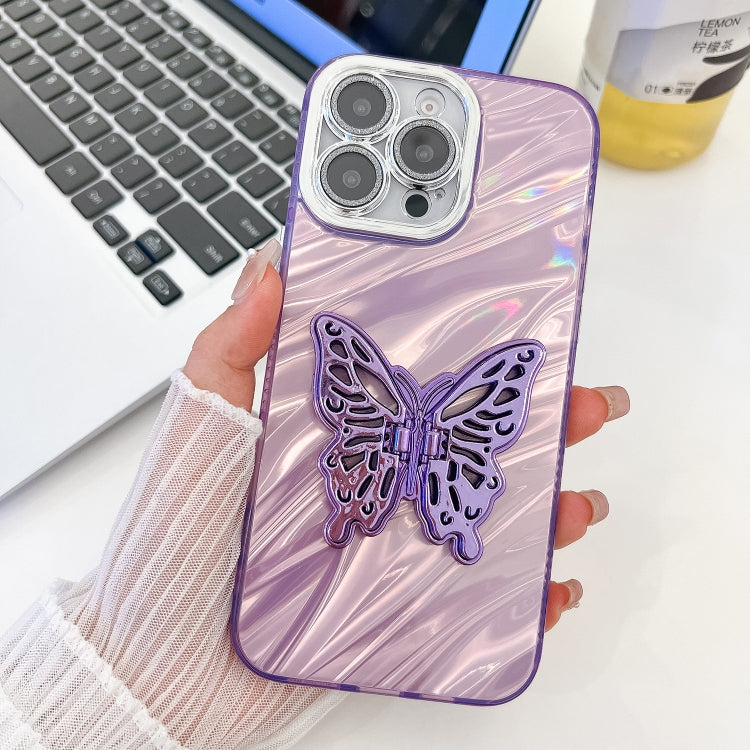For iPhone 16 Pro Plating Glitter Texture Butterfly Holder TPU Phone Case with Lens Film(Purple Water Ripples) by buy2fix