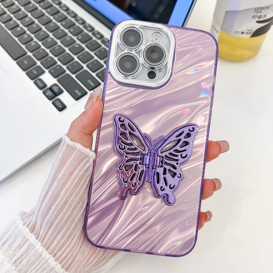 For iPhone 16 Pro Plating Glitter Texture Butterfly Holder TPU Phone Case with Lens Film(Purple Water Ripples) by buy2fix