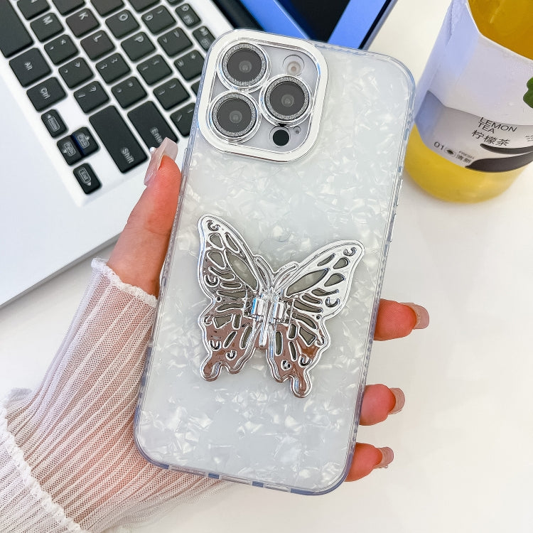 For iPhone 16 Pro Plating Glitter Texture Butterfly Holder TPU Phone Case with Lens Film(White Shell Grain) by buy2fix