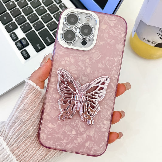 For iPhone 16 Pro Plating Glitter Texture Butterfly Holder TPU Phone Case with Lens Film(Pink Shell Pattern) by buy2fix