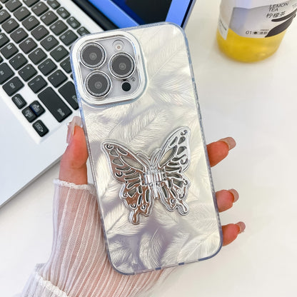 For iPhone 16 Pro Plating Glitter Texture Butterfly Holder TPU Phone Case with Lens Film(White Feathers) by buy2fix
