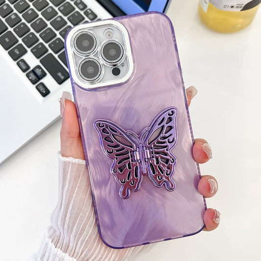 For iPhone 16 Pro Plating Glitter Texture Butterfly Holder TPU Phone Case with Lens Film(Purple Feather Yarn) by buy2fix