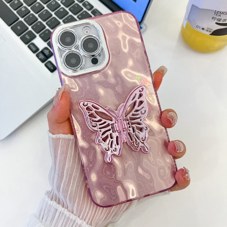 For iPhone 16 Pro Plating Glitter Texture Butterfly Holder TPU Phone Case with Lens Film(Pink Wrinkles) by buy2fix