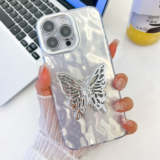 For iPhone 16 Pro Plating Glitter Texture Butterfly Holder TPU Phone Case with Lens Film(White Wrinkles) by buy2fix