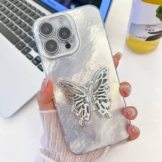 For iPhone 16 Pro Plating Glitter Texture Butterfly Holder TPU Phone Case with Lens Film(White Tinfoil Texture) by buy2fix