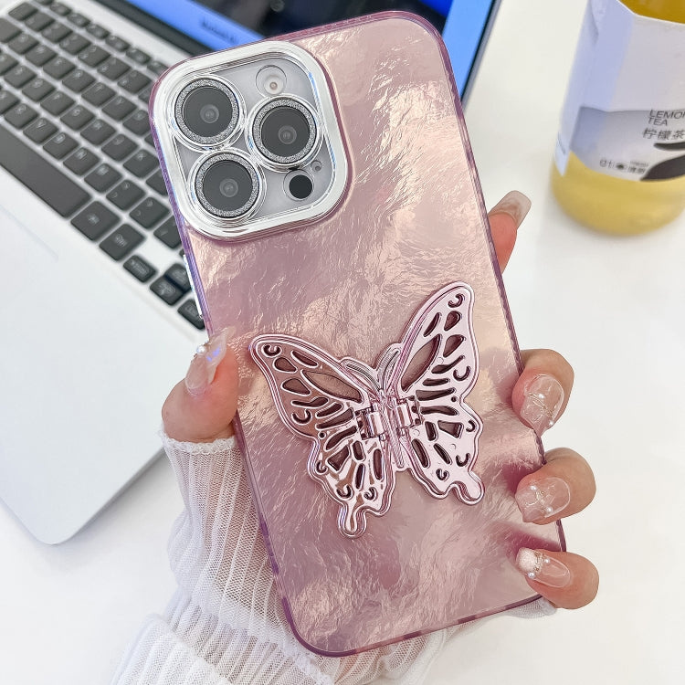 For iPhone 16 Pro Plating Glitter Texture Butterfly Holder TPU Phone Case with Lens Film(Pink Tinfoil Texture) by buy2fix