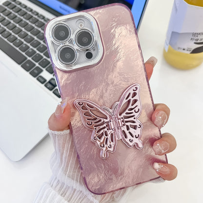 For iPhone 16 Pro Plating Glitter Texture Butterfly Holder TPU Phone Case with Lens Film(Pink Tinfoil Texture) by buy2fix