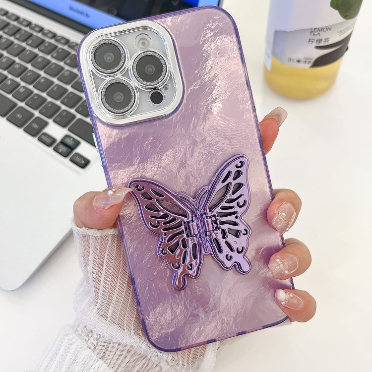 For iPhone 16 Pro Plating Glitter Texture Butterfly Holder TPU Phone Case with Lens Film(Purple Tinfoil Texture) by buy2fix