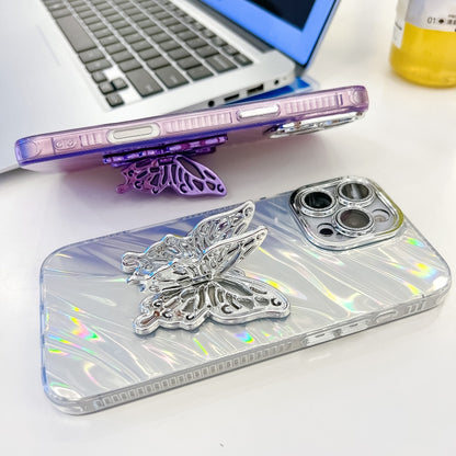 For iPhone 16 Pro Plating Glitter Texture Butterfly Holder TPU Phone Case with Lens Film(Purple Feathers) by buy2fix