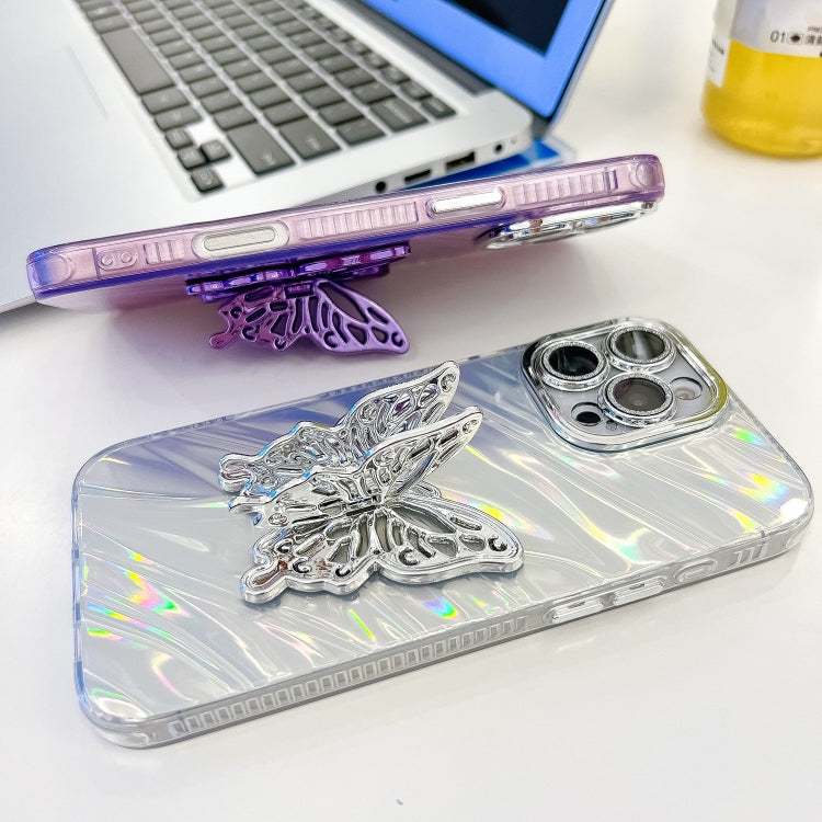 For iPhone 16 Pro Max Plating Glitter Texture Butterfly Holder TPU Phone Case with Lens Film(White Shell Grain) by buy2fix