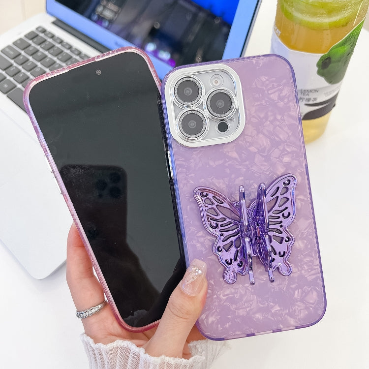 For iPhone 16 Pro Plating Glitter Texture Butterfly Holder TPU Phone Case with Lens Film(Purple Shell Pattern) by buy2fix