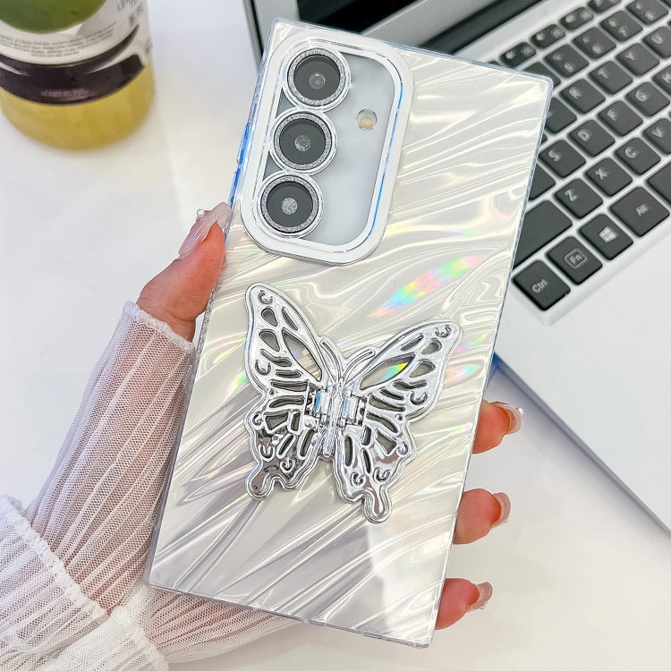 For Samsung Galaxy S25 5G Plating Glitter Texture Butterfly Holder TPU Phone Case with Lens Film(White Water Ripples) by buy2fix