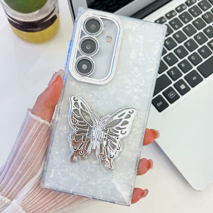 For Samsung Galaxy S25 5G Plating Glitter Texture Butterfly Holder TPU Phone Case with Lens Film(White Shell Pattern) by buy2fix