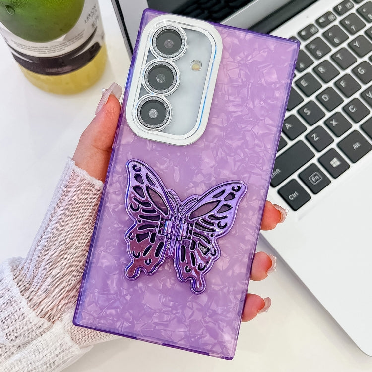 For Samsung Galaxy S25 5G Plating Glitter Texture Butterfly Holder TPU Phone Case with Lens Film(Purple Shell Pattern) by buy2fix